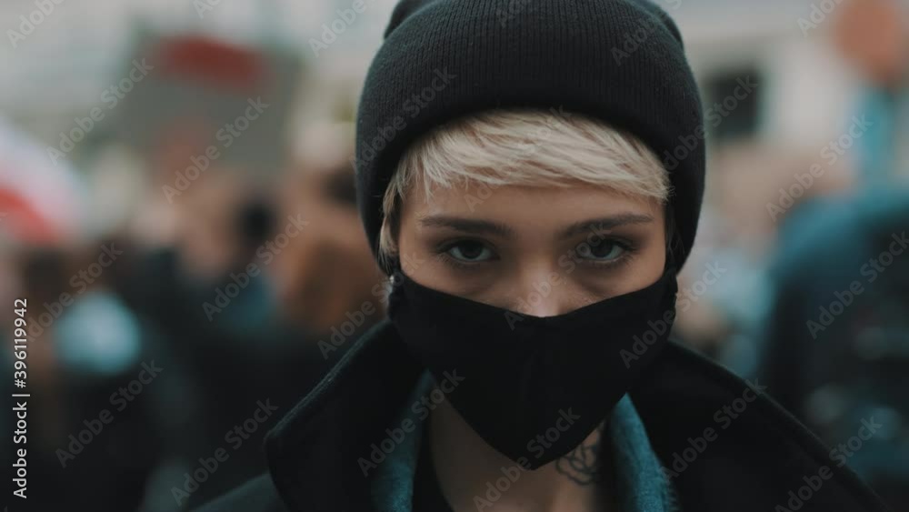Portrait of young angry rebellion women on the demonstrations. High quality 4k footage