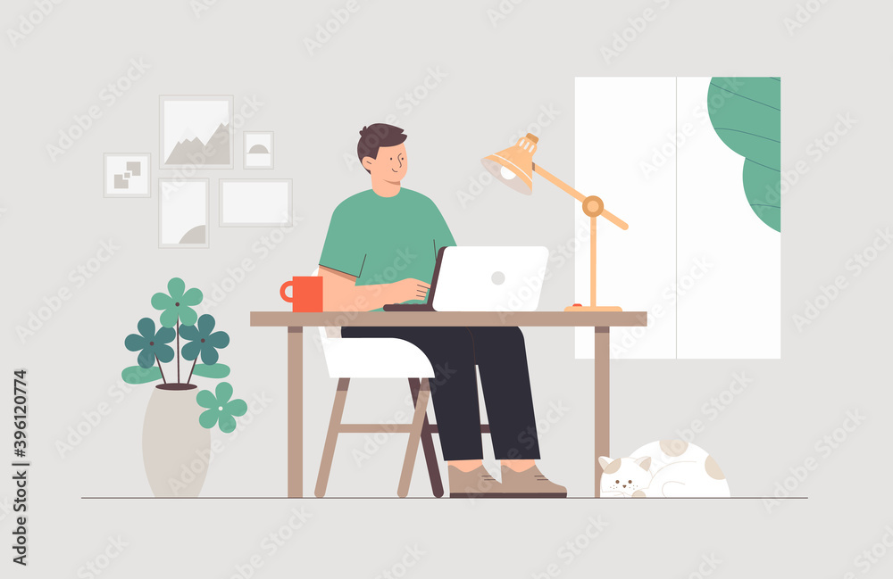 Home office concept young freelancer man working at home with laptop in cozy room- lamp green flower in pot. Flat style cartoon vector illustration.