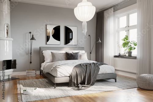 3d rendering of agrey elegant Scandinavian style bedroom with a koushi lamp and a tranditional heater photo