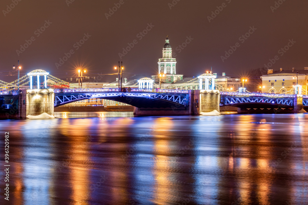 Palace Bridge and Kunstkamera museum during New Year and Christmas holidays, Saint Petersburg, Russia