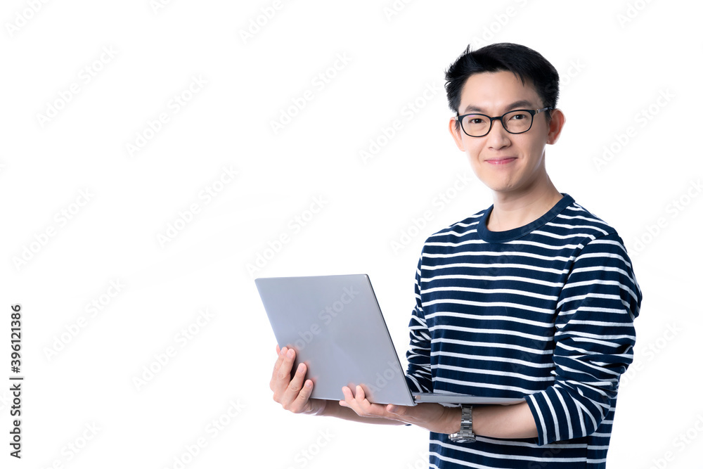 businessman asian male adult mature hand use laptop technology device casual cloth smile creativity thinking white smile with joyful and cheerful communication technology ideas concept