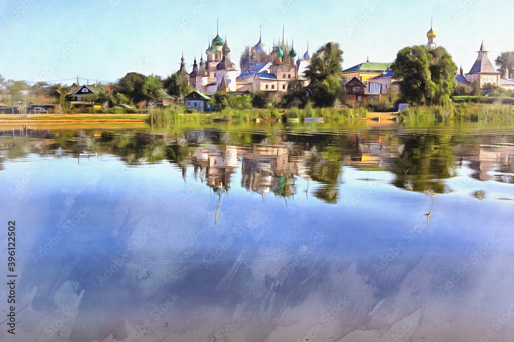 View on Monastery of St James from lake Nero colorful painting looks like picture, Rostov, Yaroslavl region, Russia.