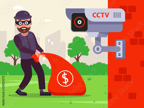 fixing a crime with a hidden camera. male robber with a bag of money. flat vector character illustration.
