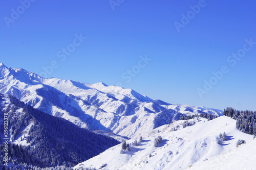 Winter landscape high in the mountains. Snowy mountains