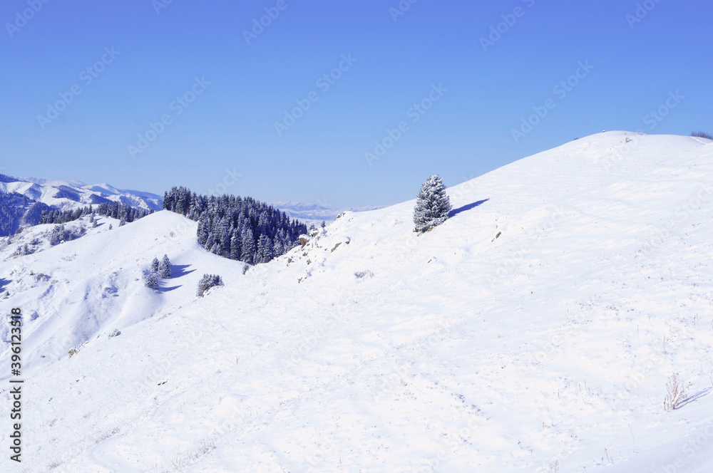 Beautiful alpine winter landscape. Snowy mountains. Highlands, mountains and gorges.