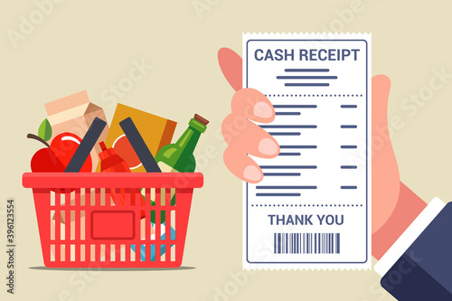 checking a check from a grocery store. full basket with fresh food. flat vector illustration.