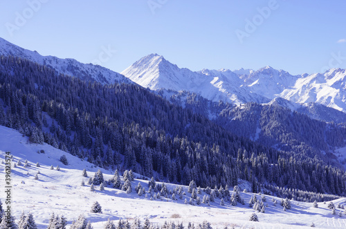 Beautiful alpine winter landscape. Snowy mountains. Highlands, mountains and gorges.