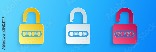 Paper cut Password protection and safety access icon isolated on blue background. Lock icon. Security, safety, protection, privacy concept. Paper art style. Vector.