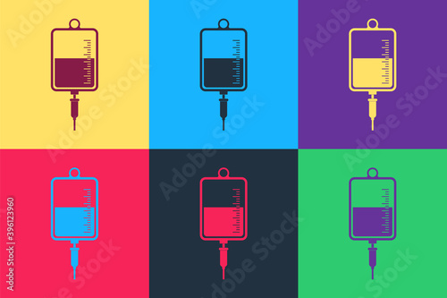 Pop art IV bag icon isolated on color background. Blood bag icon. Donate blood concept. The concept of treatment and therapy, chemotherapy. Vector.