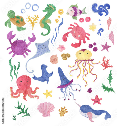 Watercolor painting set of cute sea animals  seahorse  octopus  jellyfish  crab fur seal  turtle  whale. Design elements for baby showers  birthday cards