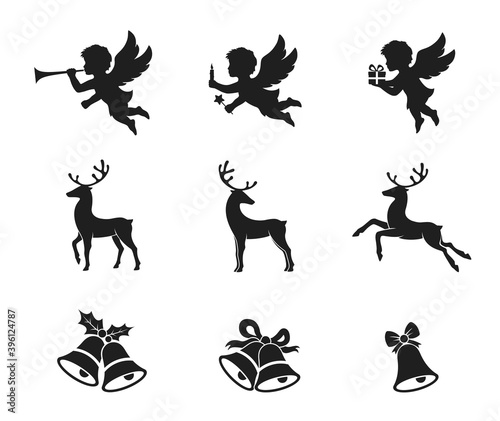 Christmas angel, deer and bells icon set. New Year and Christmas symbols