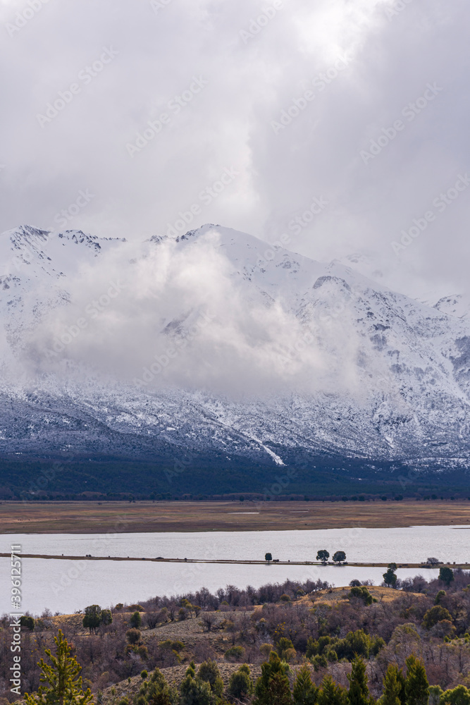 Snow covered Andes mountains in Los Alerces National Park during winter season, Patagonia, Argentina