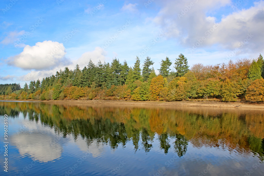 Reflections in Tottiford Reservoir, Devon, in Autumn