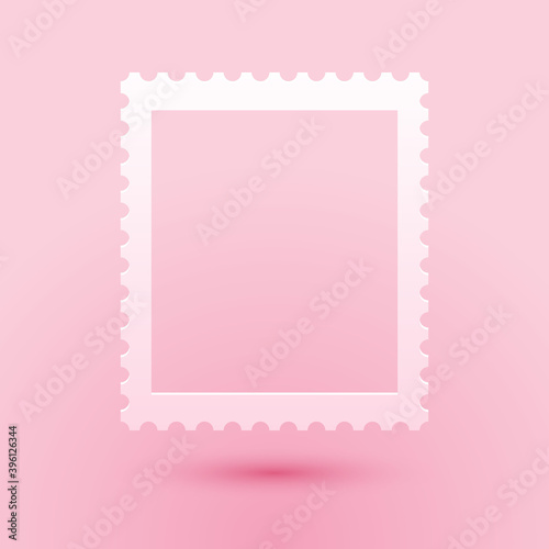 Paper cut Postal stamp icon isolated on pink background. Paper art style. Vector.