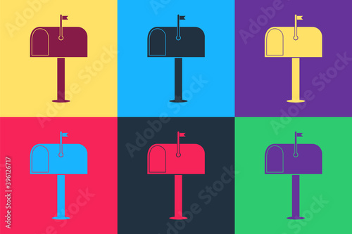 Pop art Mail box icon isolated on color background. Mailbox icon. Mail postbox on pole with flag. Vector.
