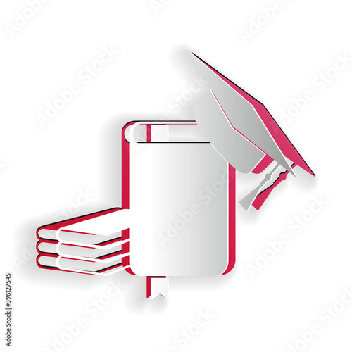 Paper cut Graduation cap and book icon isolated on white background. Paper art style. Vector.