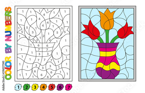 We paint by numbers. Puzzle game for children education. Numbers and colors for drawing and learning mathematics. Vector flowers