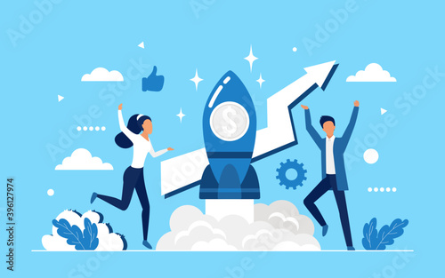 Business startup, success teamwork on launch rocket concept vector illustration. Cartoon business people team launching space ship, starting new successful idea to increase profits wealth background