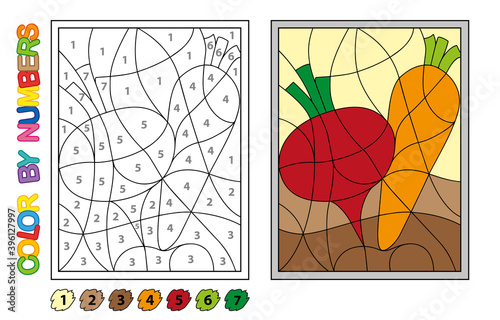 We paint by numbers. Puzzle game for children education. Numbers and colors for drawing and learning mathematics. Vector vegetables