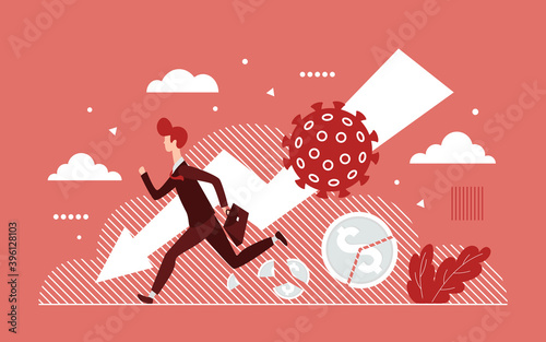 Coronavirus covid19 virus impact global business, attack economy vector illustration. Cartoon businessman in panic running away, economical crisis collapse, bankruptcy huge downfall finance background