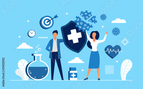Coronavirus protection concept vector illustration. Cartoon tiny people holding shield to protect from corona virus epidemic disease, standing next to big flask test tube and medical pills background