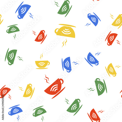 Color Cup of coffee shop with free wifi zone icon isolated seamless pattern on white background. Internet connection placard. Vector.