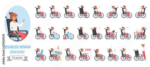 Disabled woman poses vector illustration set. Cartoon disable girl character with disability health problem sitting in wheelchair in various poses and gestures, front, side or back view isolated