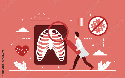 Lung health research vector illustration. Cartoon medical researcher character holding and researching hospital radiology lab results on coronavirus lungs disease doctor checkup, medicine background