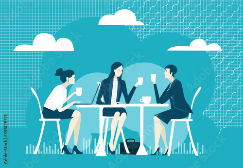 Group of young women in cafe enjoying lunch time, talking and sharing the news. 