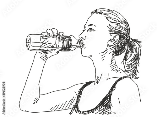 Sketch of woman drinking water Hand drawn vector illustration