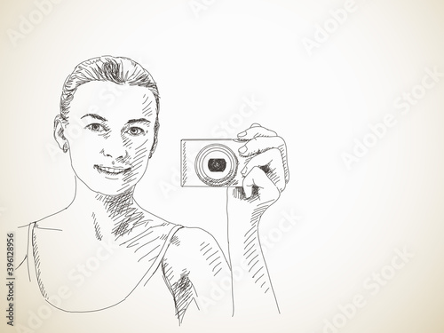 Sketch of Woman taking photo with compact camera, Hand drawn illustration