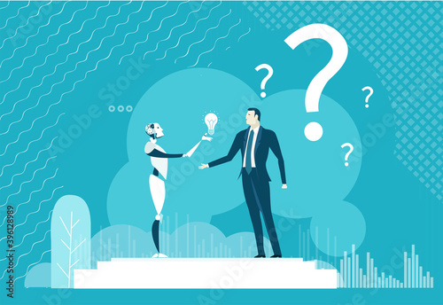 Robot brings new idea. Human vs Robots concept. Businessman competing with artificial intelligence, seeking help, relay on cyborg. 