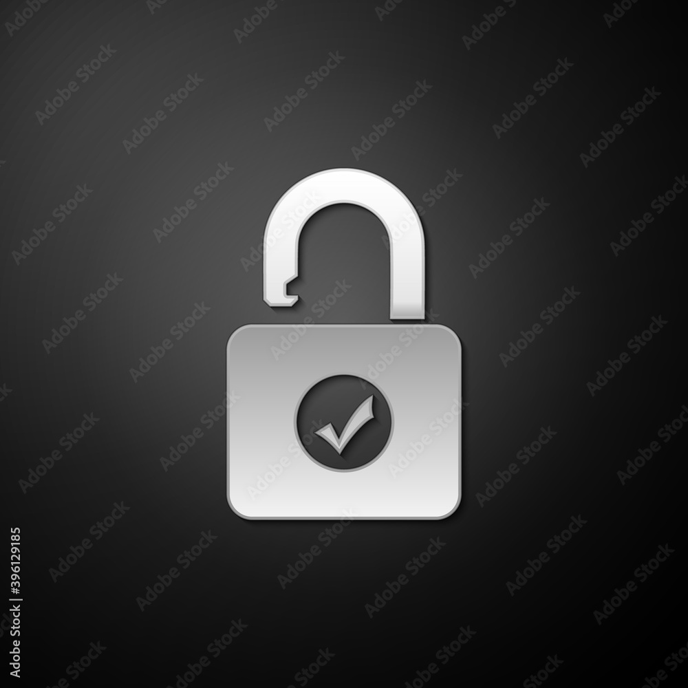Silver Open padlock icon isolated on black background. Opened lock sign. Cyber security concept. Digital data protection. Safety safety. Long shadow style. Vector. Silver Open padlock icon isolated on black background. Opened lock sign. Cyber security concept. Digital data protection. Safety safety. Long shadow style. Vector.