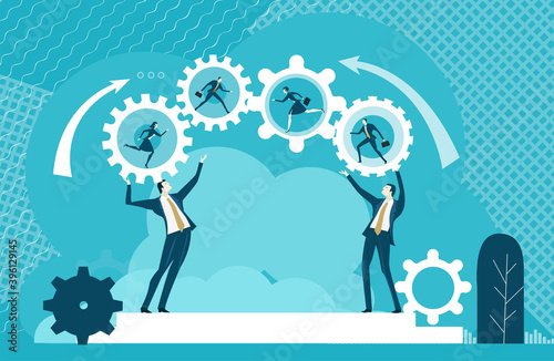 Group of successful business people playing with business icons as symbol of solving the problems.