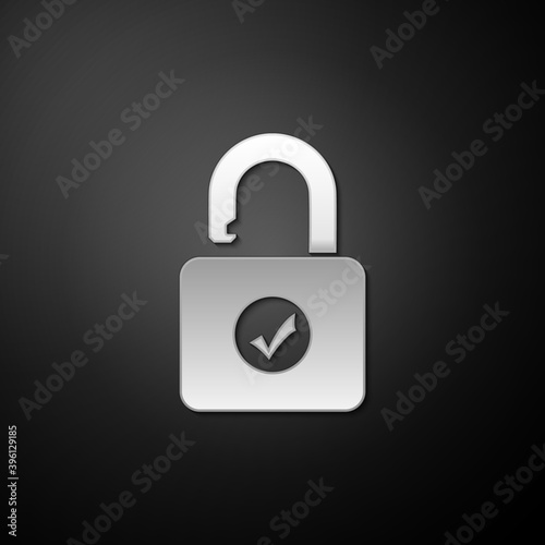 Silver Open padlock icon isolated on black background. Opened lock sign. Cyber security concept. Digital data protection. Safety safety. Long shadow style. Vector.