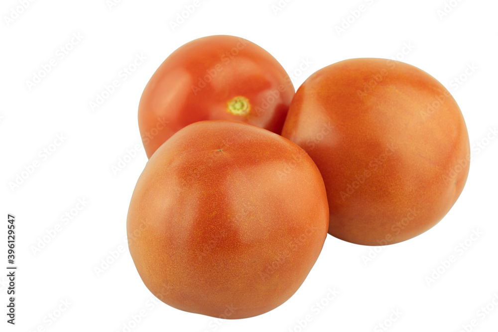 Three fresh tomatoes on a white background or advertising for a supermarket or grocery store Three fresh tomatoes on a white background or advertising for a supermarket or grocery store