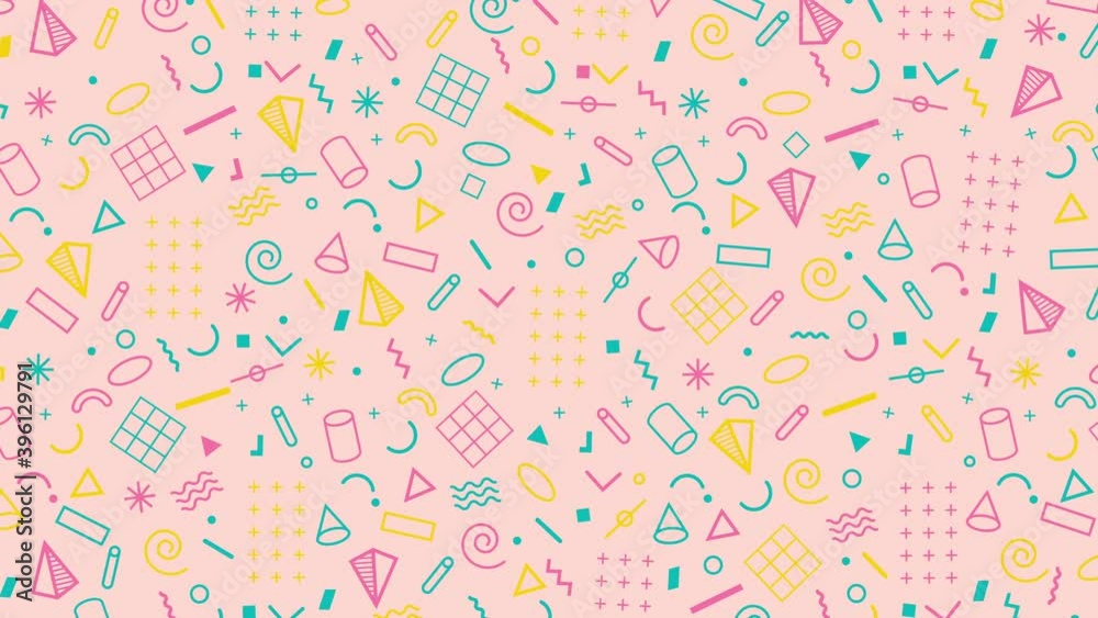Abstract 4k animation of a retro pattern background with geometrical shapes and lines. 80s 90s Memphis style. Pink, yellow, cyan and magenta color palette. Abstract 4k animation of a retro pattern background with geometrical shapes and lines. 80s 90s Memphis style. Pink, yellow, cyan and magenta color palette.