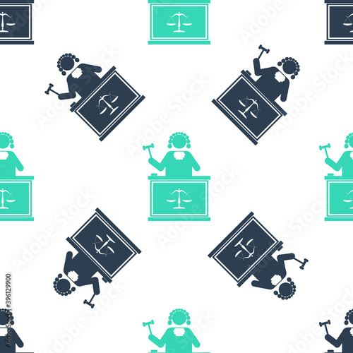 Green Judge with gavel on table icon isolated seamless pattern on white background. Vector.