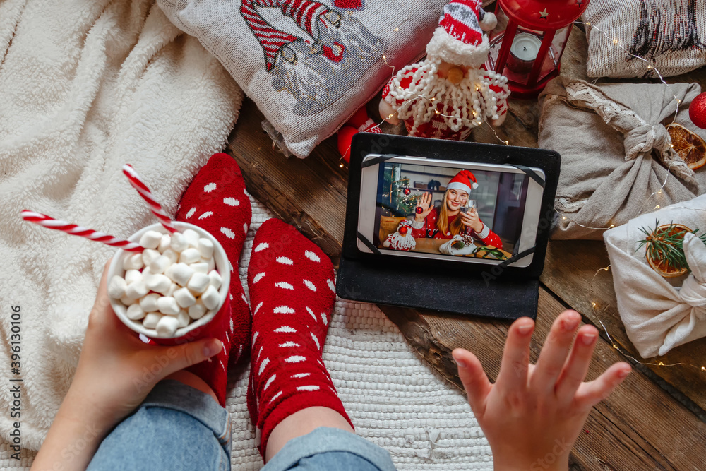 Fototapeta premium Christmas online holiday remote celebration X mas new year in lockdown coronavirus quarantine covid 19 new normal, social distance, remote communication, stay home vocation, Christmas party online