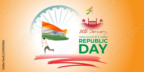 Vector banner of Happy Republic day, 26 january, national holiday of India, abstract India flag, ashoka chakra, template for website and social media.