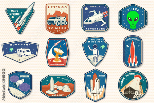 Fototapeta Naklejka Na Ścianę i Meble -  Set of space mission logo, badge, patch. Vector. Concept for shirt, print, stamp. Vintage typography design with space rocket, alien, mars city, camper van on the moon and earth silhouette