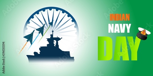 Vector illustration of Indian Navy Day banner, ashoka chakra, army ship and airforce craft, tricolor, poster for website and social media.