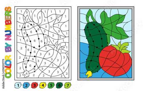 We paint by numbers. Puzzle game for children education. Numbers and colors for drawing and learning mathematics. Vector vegetables