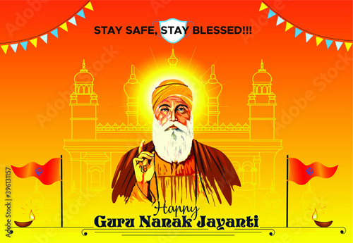 illustration of Guru Nanak Jayanti festival, Gurupurab or Prakash Parv celebration. concept idea with golden temple and Sikh flag