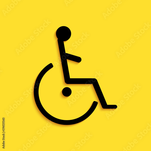 Black Disabled handicap icon isolated on yellow background. Wheelchair handicap sign. Long shadow style. Vector.