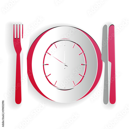Paper cut Plate with clock, fork and knife icon isolated on white background. Lunch time. Eating, nutrition regime, meal time and diet concept. Paper art style. Vector.