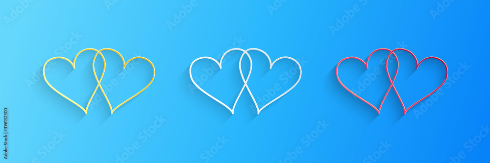 Paper cut Two Linked Hearts icon isolated on blue background. Heart two love. Romantic symbol linked, join, passion and wedding. Valentine day symbol. Paper art style. Vector.