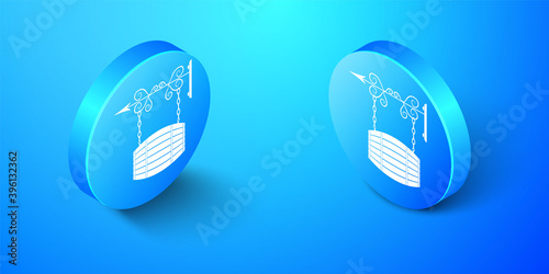 Isometric Street signboard on forged brackets with barrel shaped wooden icon isolated on blue background. Suitable for bar, cafe, pub, restaurant. Blue circle button. Vector.