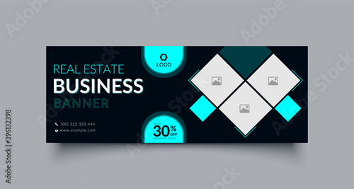 Real estate business facebook cover page timeline web ad banner template with photo place modern layout black background design