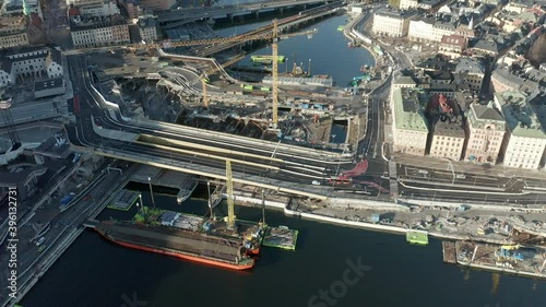 Aerial flying above the construction site Slussen in Stockholm City, Sweden photo